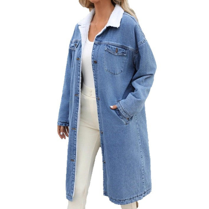 Damen Longline-Denim-Mantel mit Teddykragen Shop Nory