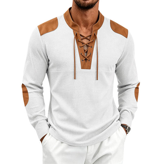 Herren Langarm-Waffelshirt mit Schnürkragen und Kunstlederapplikationen Shop Nory