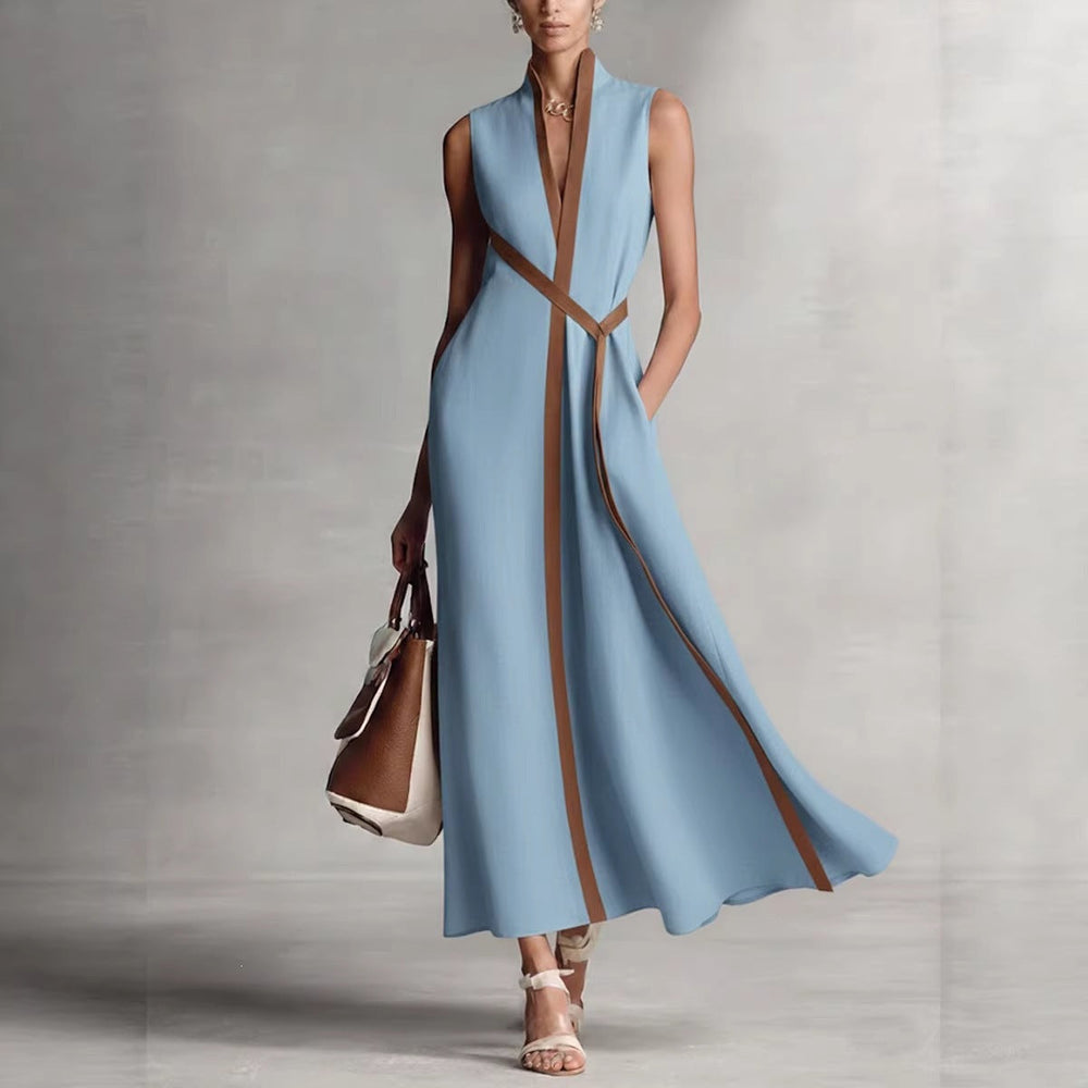 Damen elegantes Maxikleid mit Taillenschnitt und schmalem Gürtel Shopnory