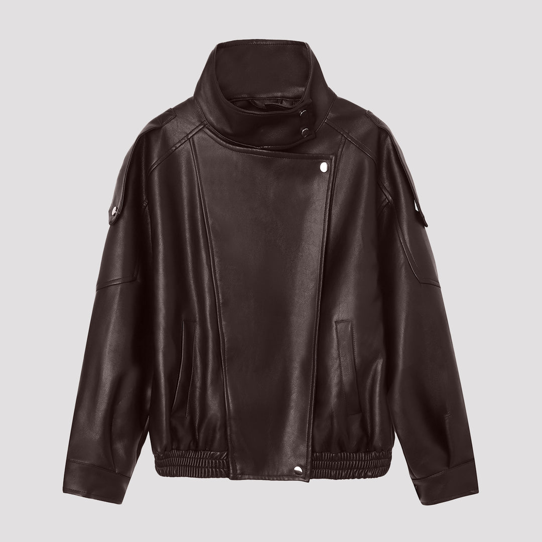 Damen Oversize-Kunstlederjacke mit hohem Stehkragen und asymmetrischer Blende Shop Nory