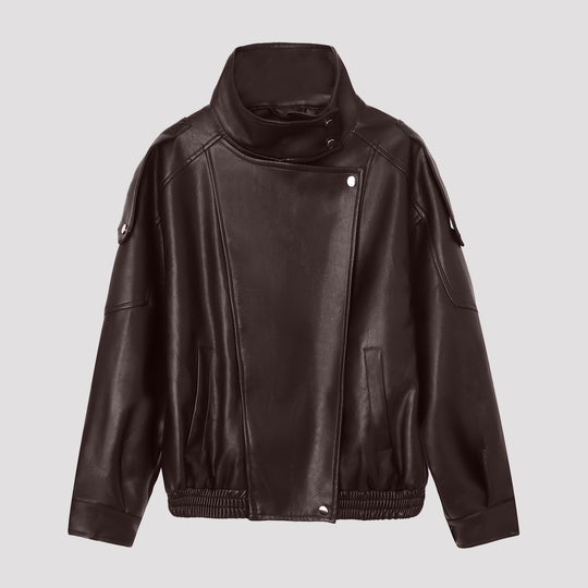 Damen Oversize-Kunstlederjacke mit hohem Stehkragen und asymmetrischer Blende Shop Nory