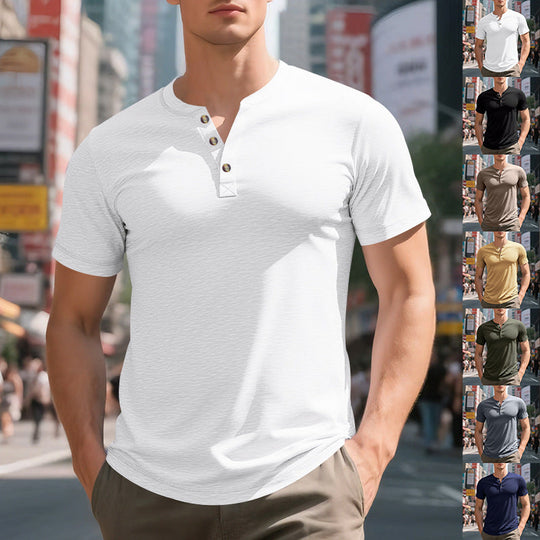 Herren Kurzarm-Henley-T-Shirt aus weicher Baumwolle mit dekorativer Knopfleiste