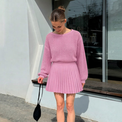 Damen oversized Netzstrickpullover mit plissiertem Minirock-Set Shop Nory