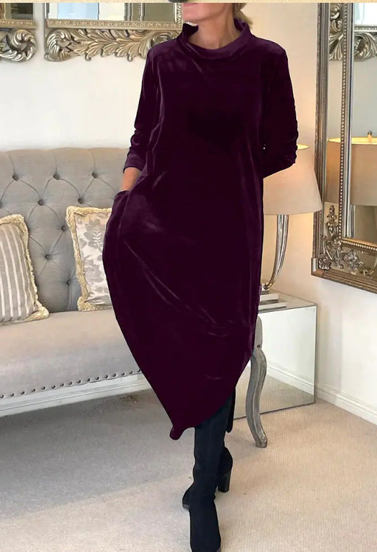 Damen Elegantes Samt Maxi Kleid mit Hohem Rollkragen, Seitentaschen und Lockere Silhouette Shop Nory