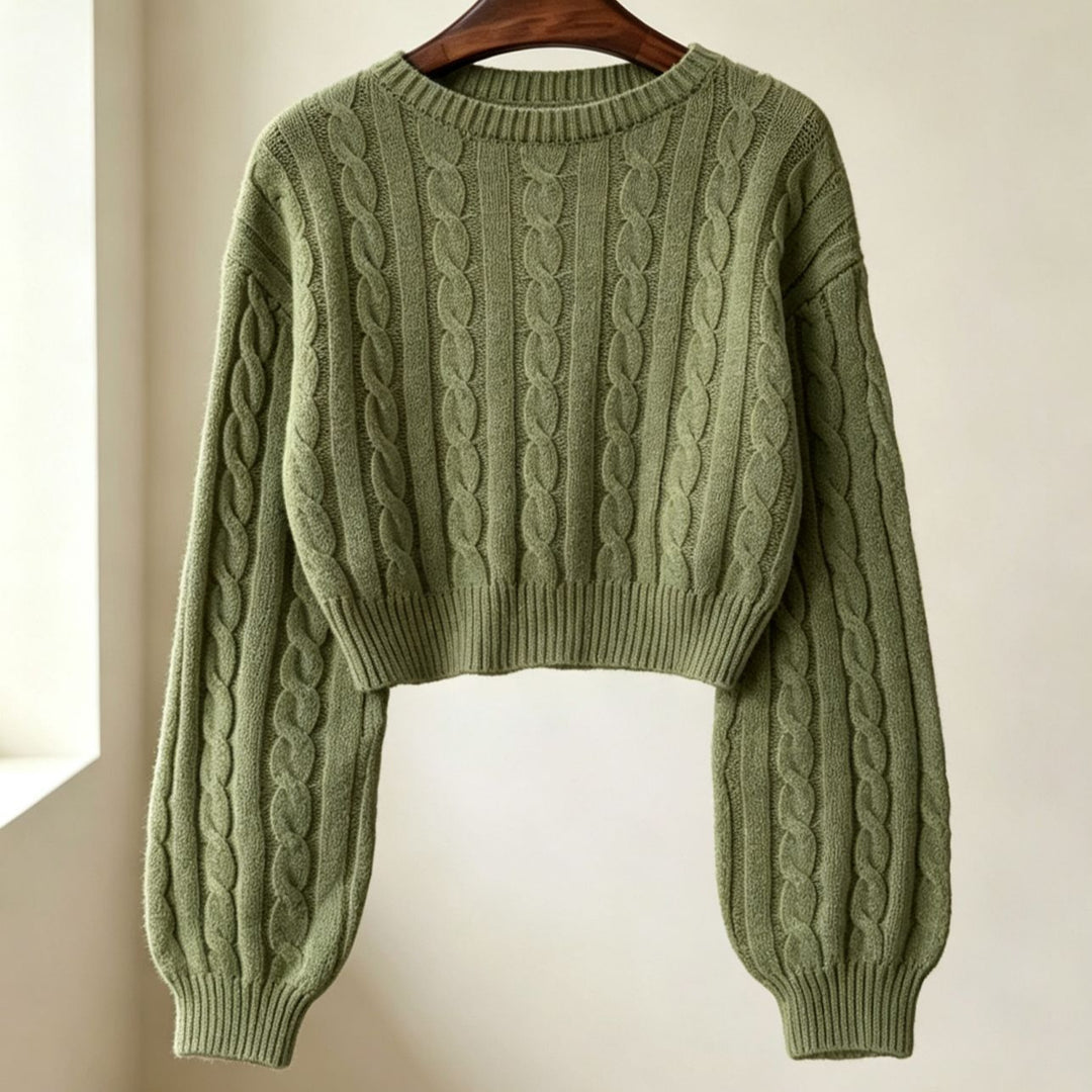 Damen Cropped Zopfmuster-Strickpullover mit kastiger Silhouette und Ballonärmeln Shop Nory