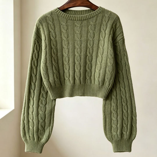 Damen Cropped Zopfmuster-Strickpullover mit kastiger Silhouette und Ballonärmeln Shop Nory