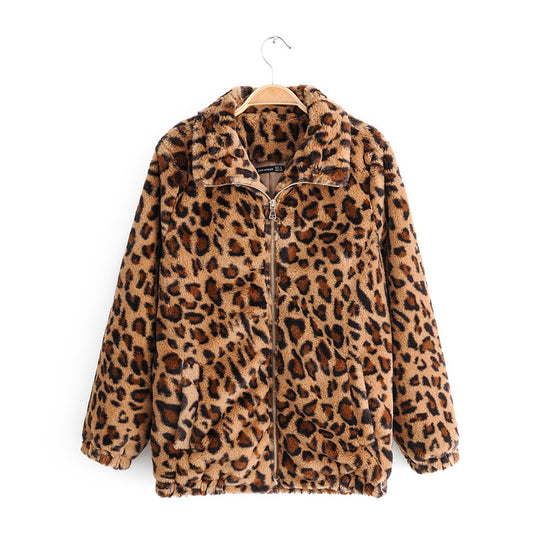 Damen Kunstfelljacke mit Leopardenmuster, durchgehendem Reißverschluss und elastischem Saum Shop Nory