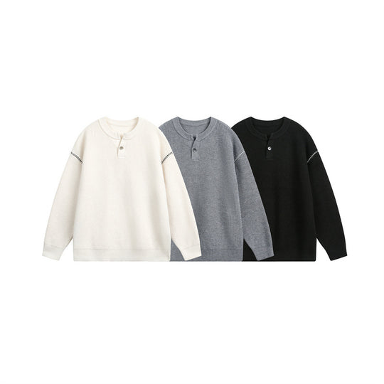 Unisex Grobstrick-Henley-Pullover mit Knopfleiste und Drop-Shoulder Shop Nory