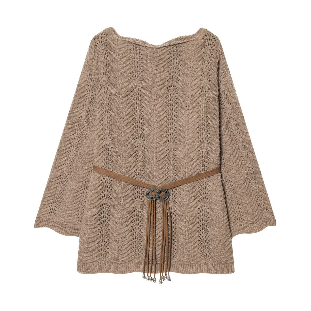 Damen Strickponcho mit Zickzack‑Ajourmuster und Taillengürtel Shop Nory