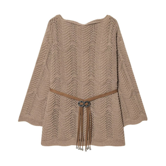 Damen Strickponcho mit Zickzack‑Ajourmuster und Taillengürtel Shop Nory