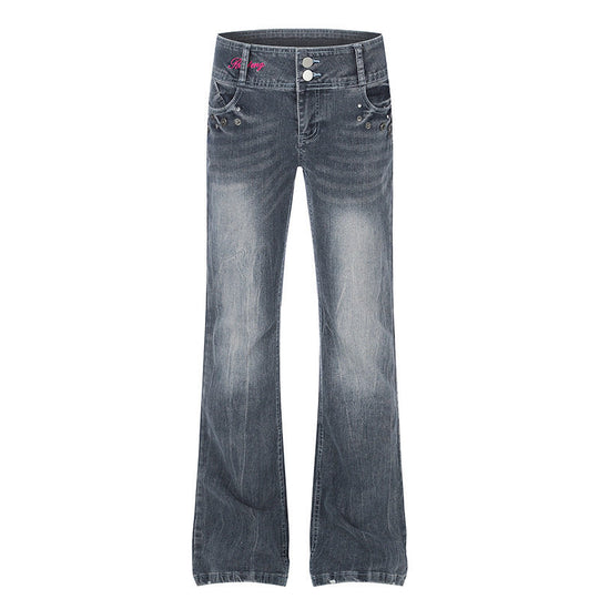 Damen High‑Waist Flared-Jeans mit weitem Bein, Doppelknopf und Nieten-Detail Shop Nory