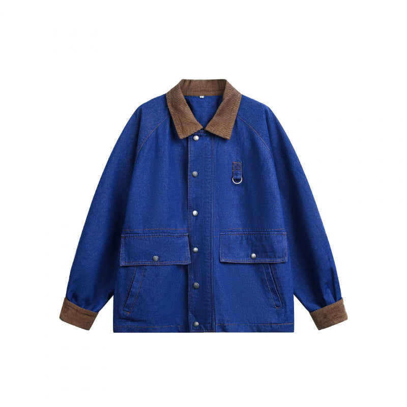 Unisex Kastige Denim-Workerjacke mit Cordkragen, Pattentaschen und D‑Ring Shop Nory