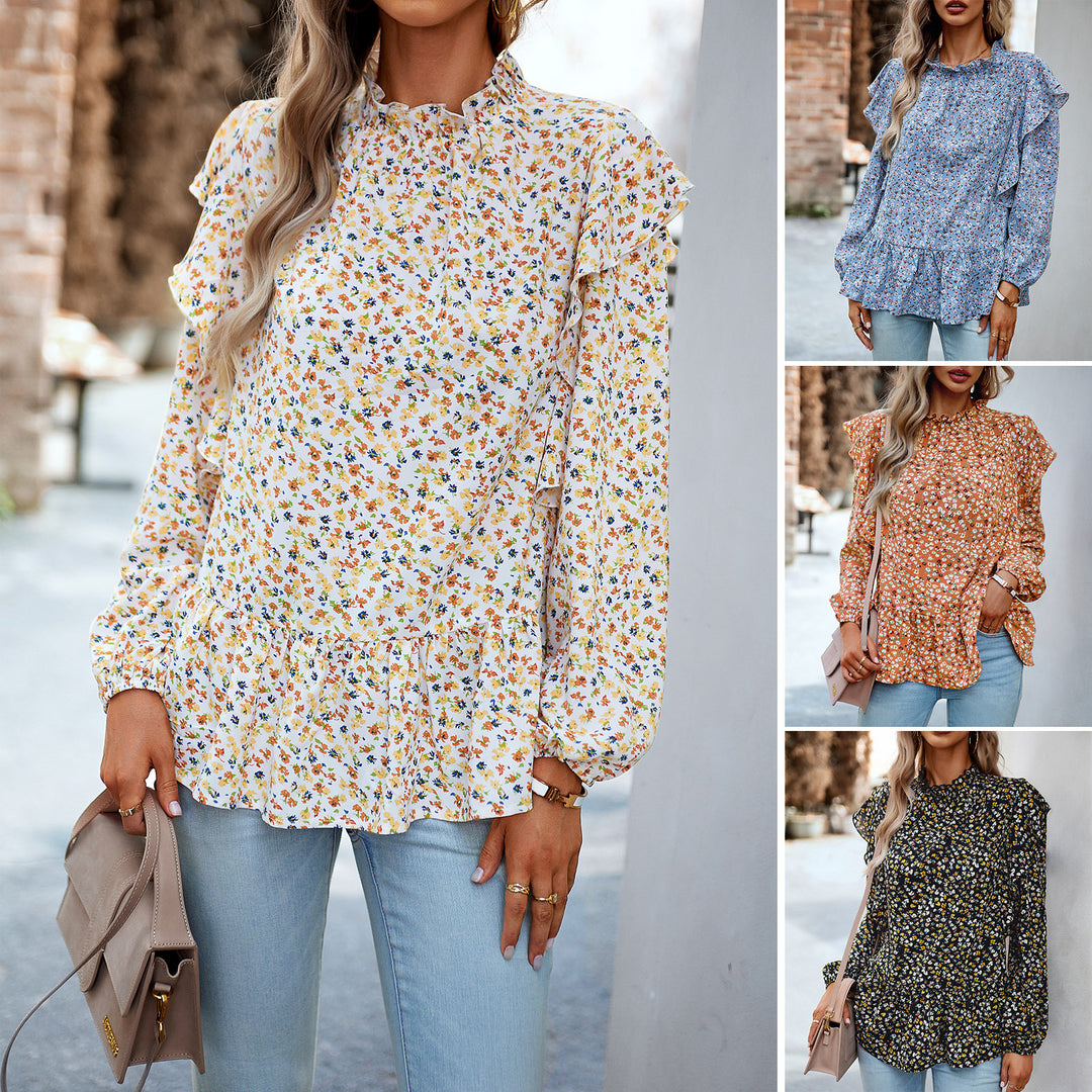 Damen nan geblümte Chiffon-Bluse mit gerafftem Stehkragen, Volant-Schultern und tailliertem Stufen-Saum Shop Nory