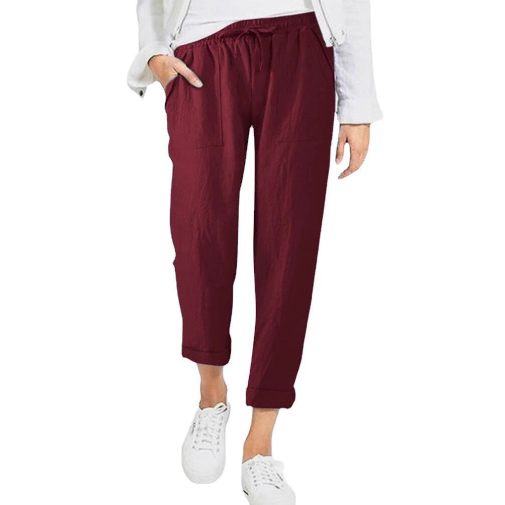 Damen entspannte Leinenhose mit elastischem Bund und praktischen Taschen