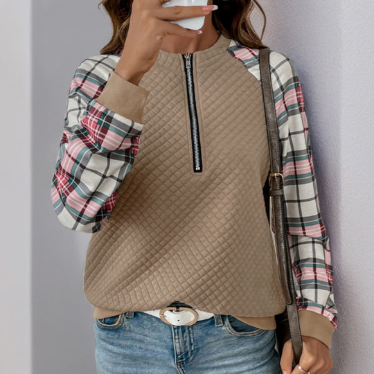 Damen Stepppullover mit halbem Reißverschluss und karierten Raglanärmeln Shop Nory