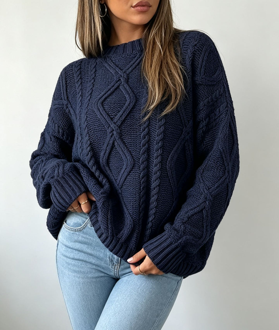 Damen Oversize Flechtstrick-Pullover mit Zopfmuster und Rundhals Shop Nory