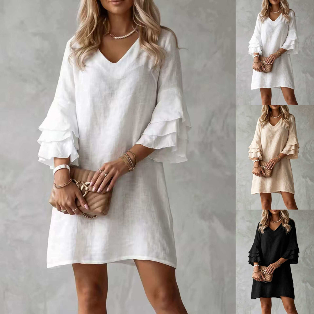 Damen Leinenoptik Minikleid mit V-Ausschnitt und voluminösen Stufenärmeln Shop Nory