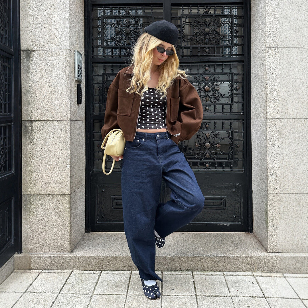 Damen Kurz geschnittene Velours-Workerjacke mit Reißverschluss und aufgesetzten Taschen Shop Nory
