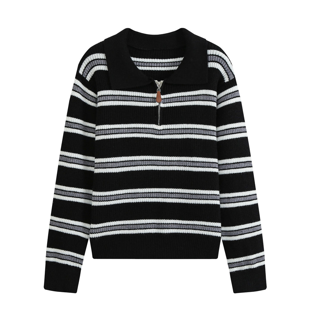 Damen Gestreifter Strickpullover mit Polokragen und Halbreißverschluss Shop Nory