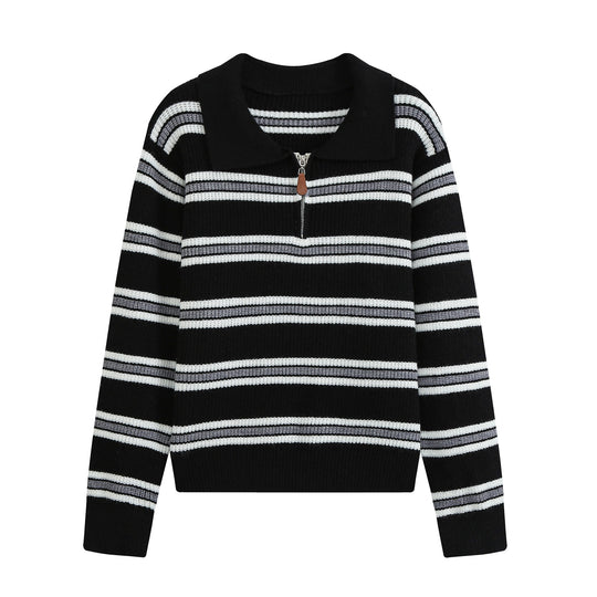 Damen Gestreifter Strickpullover mit Polokragen und Halbreißverschluss Shop Nory