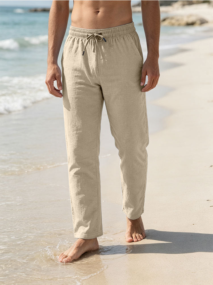 Herren Leichte Leinen-Baumwoll-Hose mit Tunnelzug, elastischem Bund und geradem Schnitt Shop Nory