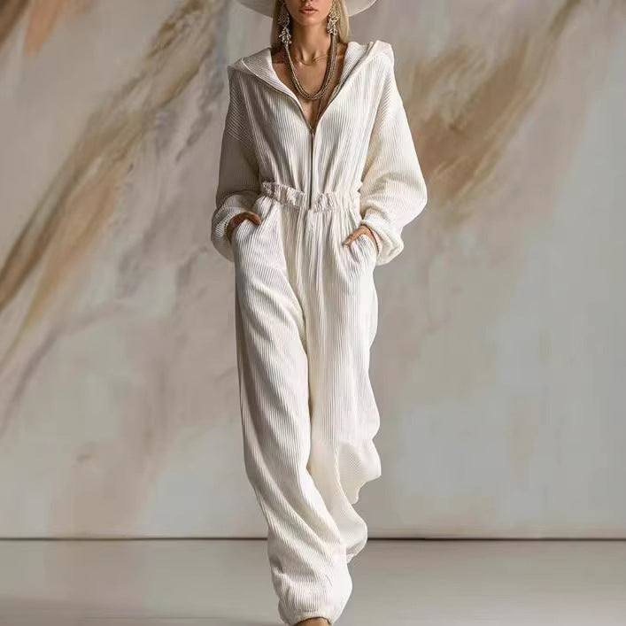 Damen Plissierter Kapuzen-Jumpsuit mit Reißverschluss und elastischer Taille Shop Nory