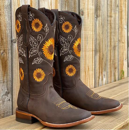 Damen Western-Stiefel mit Sonnenblumen-Stickerei und mittelhohem Blockabsatz Shop Nory