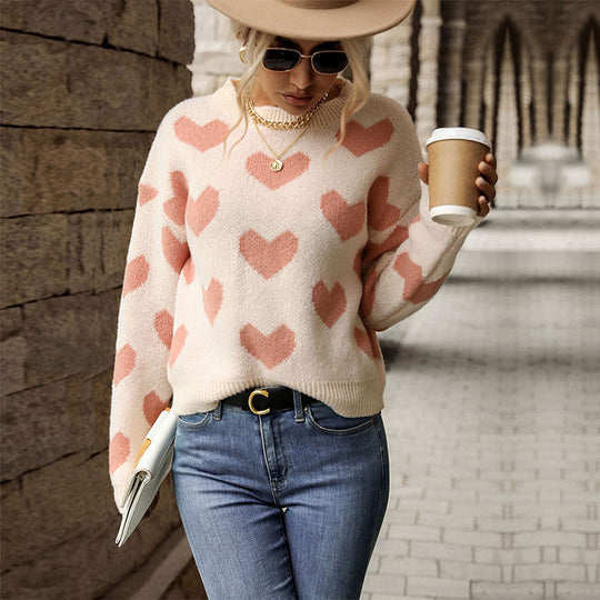 Damen Gemusterter Strickpullover mit Herzmotiven Shop Nory