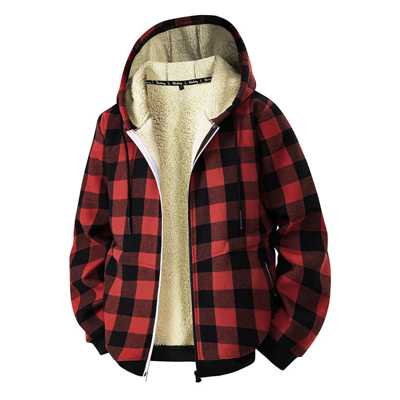 Herren Kariierte Sherpa-gefütterte Kapuzenjacke mit Reißverschluss und Rippbündchen Shop Nory
