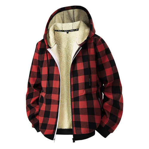 Herren Kariierte Sherpa-gefütterte Kapuzenjacke mit Reißverschluss und Rippbündchen Shop Nory