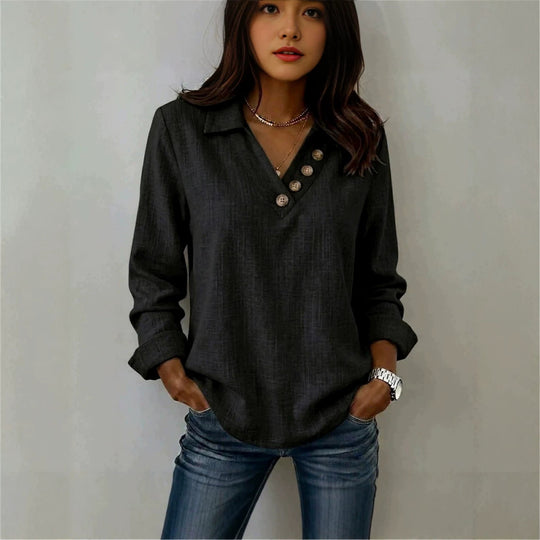 Damen Lässiges V-Ausschnitt-Blusenshirt mit Hemdkragen und asymmetrischer Zierknopfleiste Shop Nory