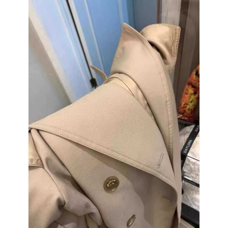 Damen Eleganter Midi-Trenchcoat mit Oversize-Schulterklappe, gerafften Ärmeln und taillierendem Bindegürtel Shop Nory