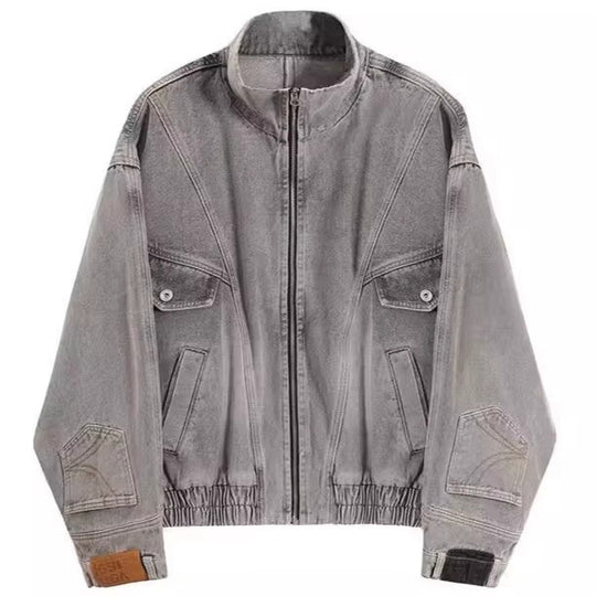 Damen Oversized Jeansjacke mit Stehkragen, Reißverschluss und elastischem Saum Shop Nory