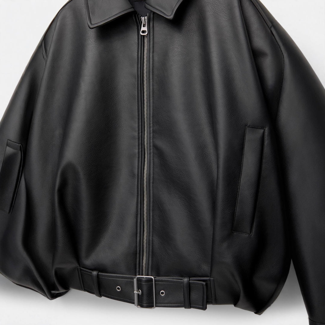 Damen nan kurz geschnittene Kunstlederjacke mit durchgehendem Reißverschluss und taillierendem Gürtel Shop Nory
