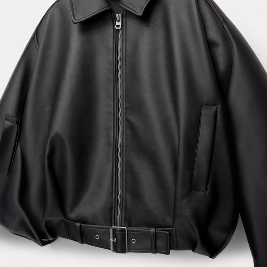Damen nan kurz geschnittene Kunstlederjacke mit durchgehendem Reißverschluss und taillierendem Gürtel Shop Nory