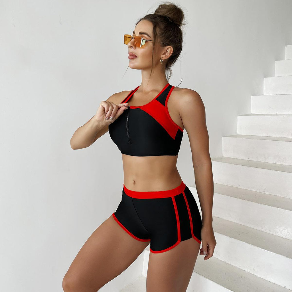 Damen Sportliches Bikini-Set mit kurzer Hose und Reißverschluss