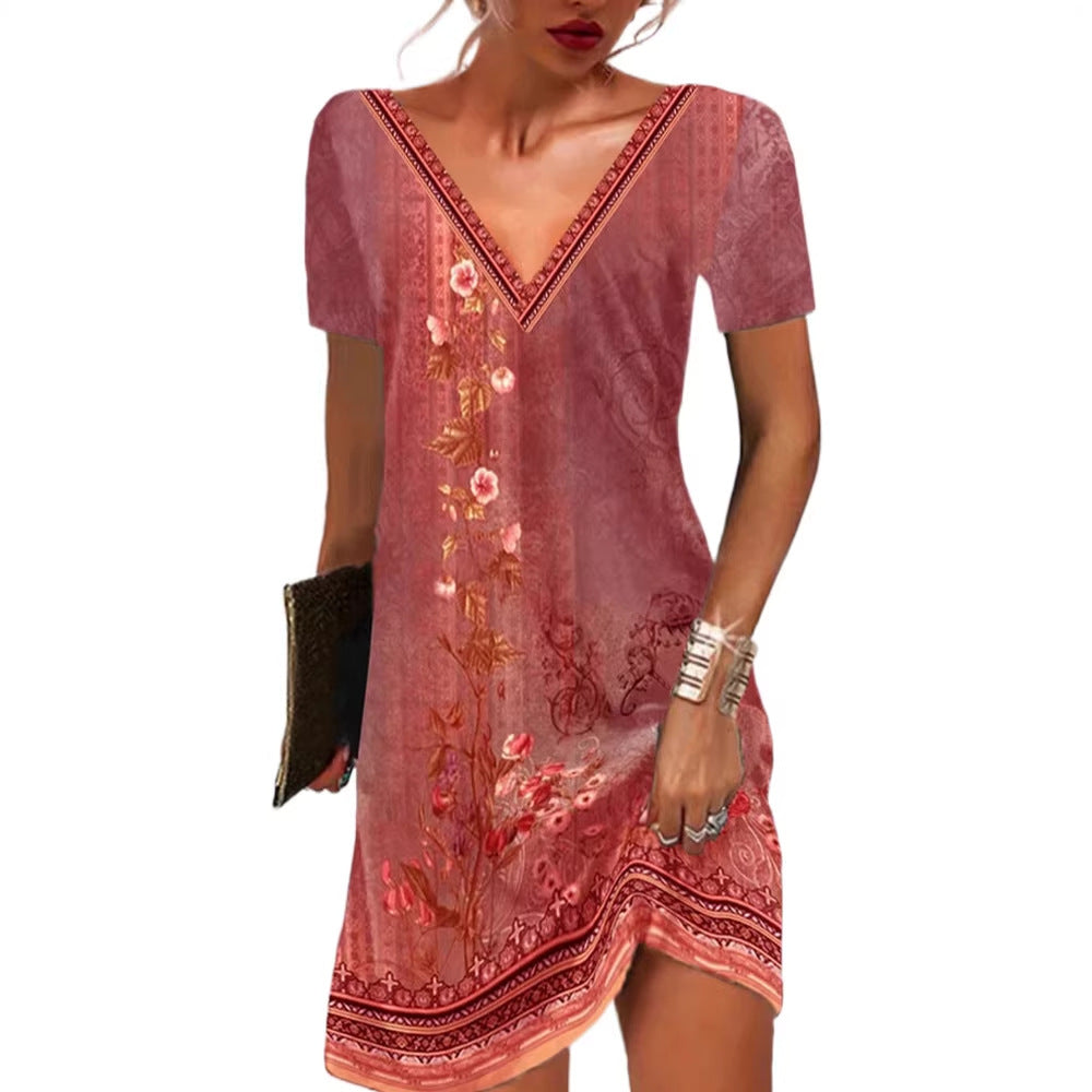 Frauen Floral V-Ausschnitt Tunika Kleid mit Border Print und langen Ärmeln Shop Nory