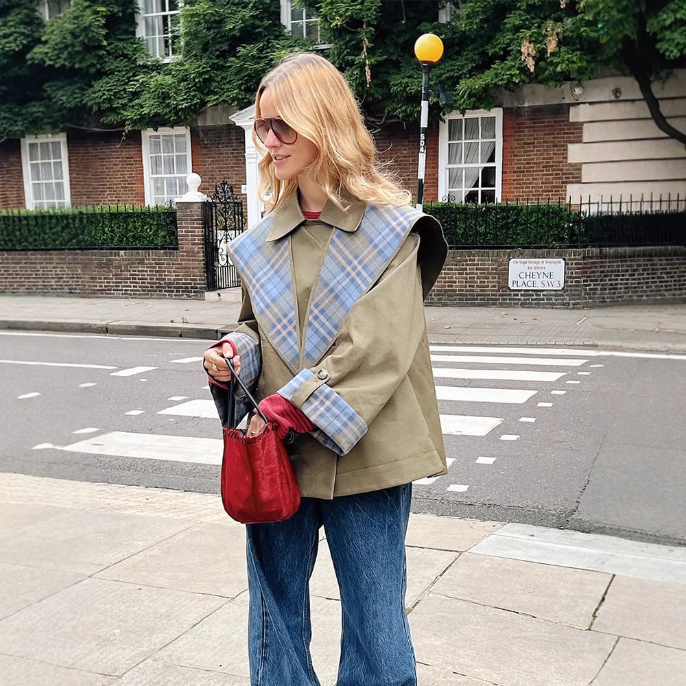 Damen modische Oversized Jacke mit kariertem Kragen