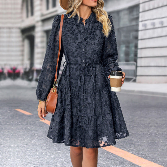 Damen Kleid im romantischen Boho-Stil mit Knopfverschluss und Bindegürtel