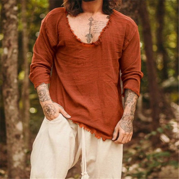 Herren lässiges V-Neck Leinenhemd