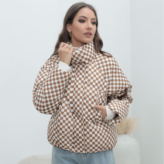 Damen Kurzgestepptes Karo-Winterjacke mit Stehkragen und Ärmeltasche Shop Nory