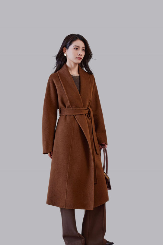 Damen Midilanger Wickelmantel mit Bindegürtel und Schalkragen Shop Nory