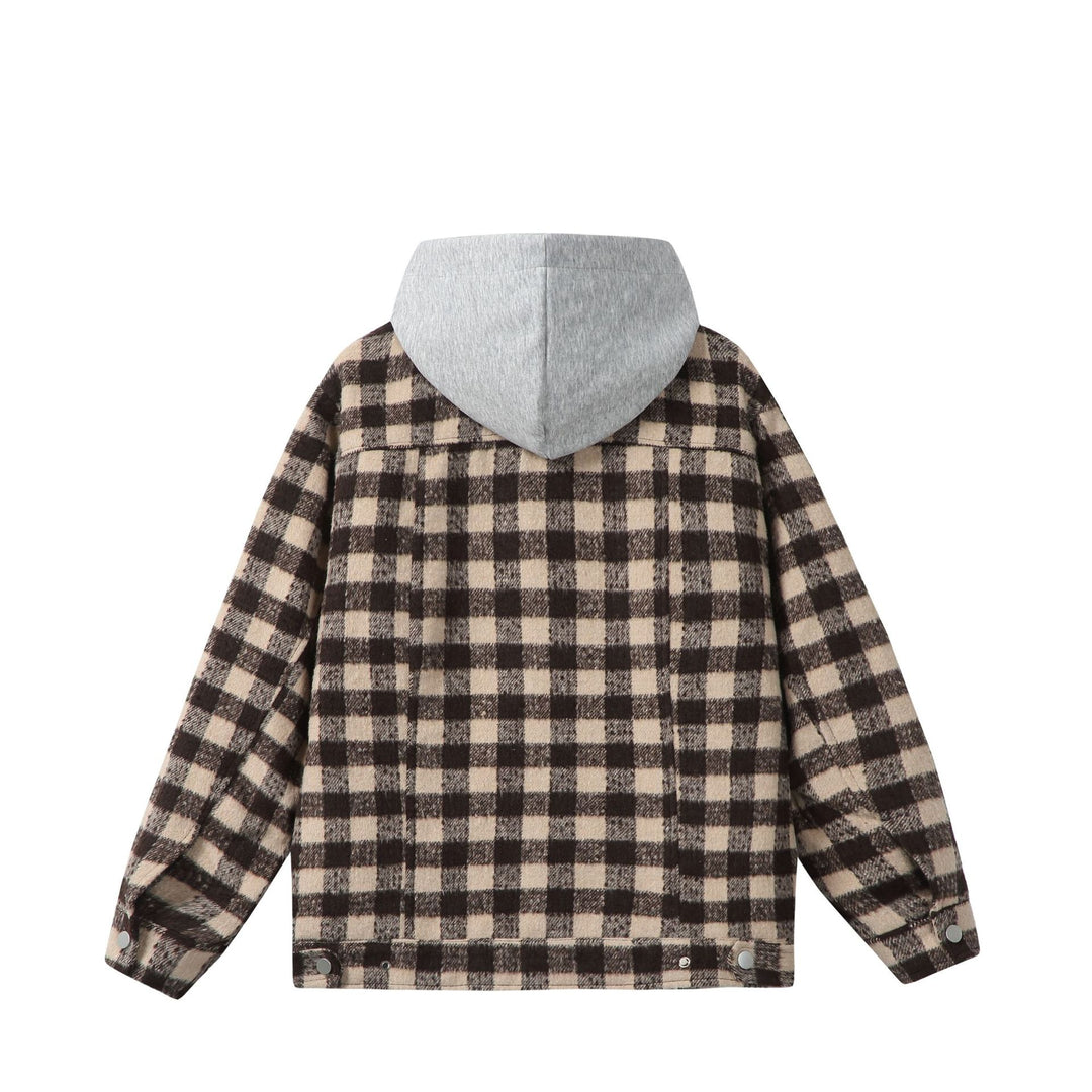 Damen Kurzblouson im Shacket‑Stil mit Karo‑Wolloptik und integrierter Sweatkapuze Shop Nory