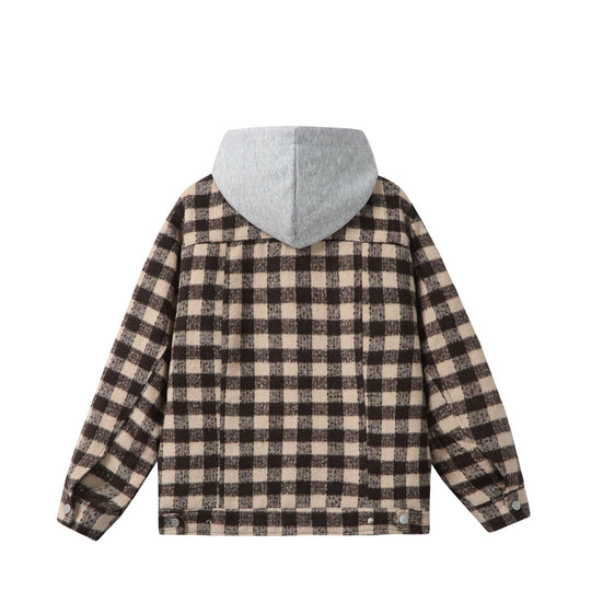 Damen Kurzblouson im Shacket‑Stil mit Karo‑Wolloptik und integrierter Sweatkapuze Shop Nory