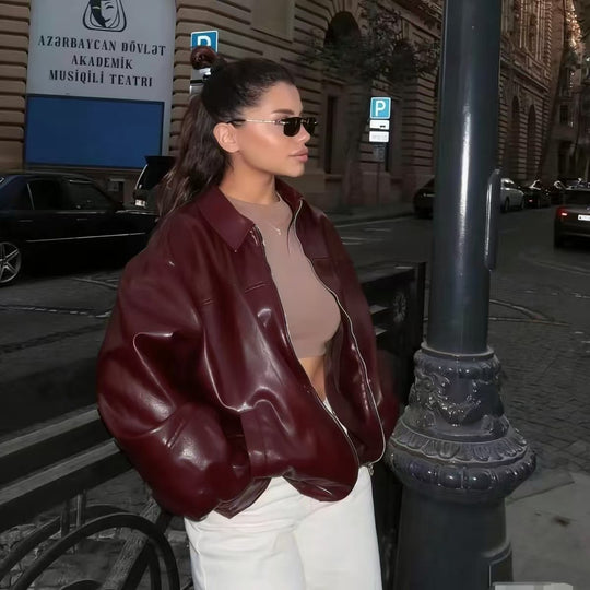 Damen nan oversized Lederjacke im Bomberstil mit Hemdkragen, durchgehendem Reißverschluss und lässiger Silhouette Shop Nory