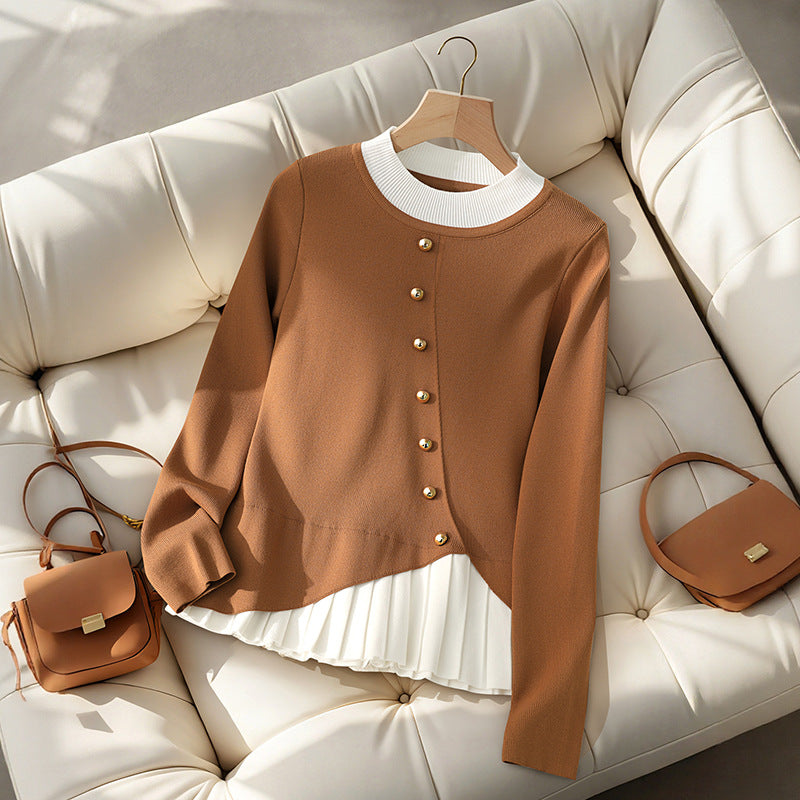 Damen Figurbetonte Strickbluse mit asymmetrischer Knopfleiste und plissiertem Einsatz Shop Nory