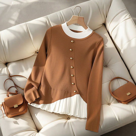 Damen Figurbetonte Strickbluse mit asymmetrischer Knopfleiste und plissiertem Einsatz Shop Nory