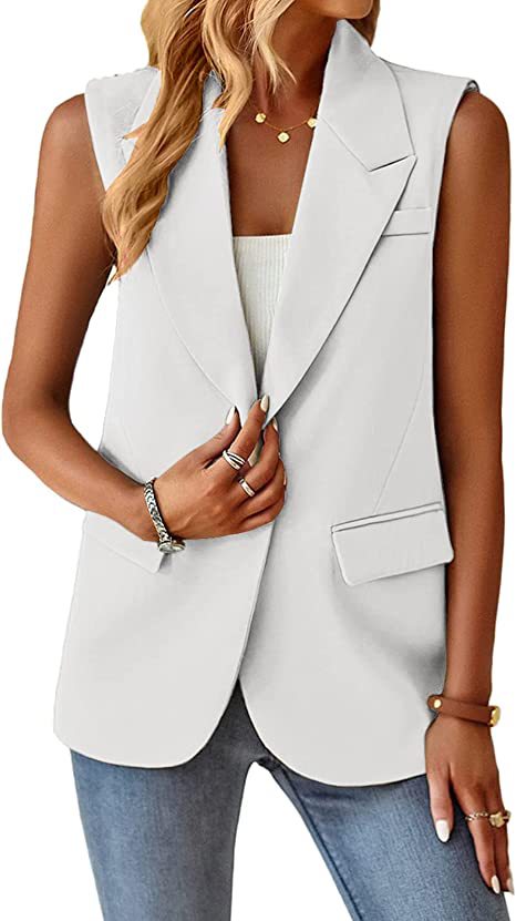 Damen Ärmellose Longline-Blazerweste mit Reverskragen, Single-Button und Pattentaschen Shop Nory