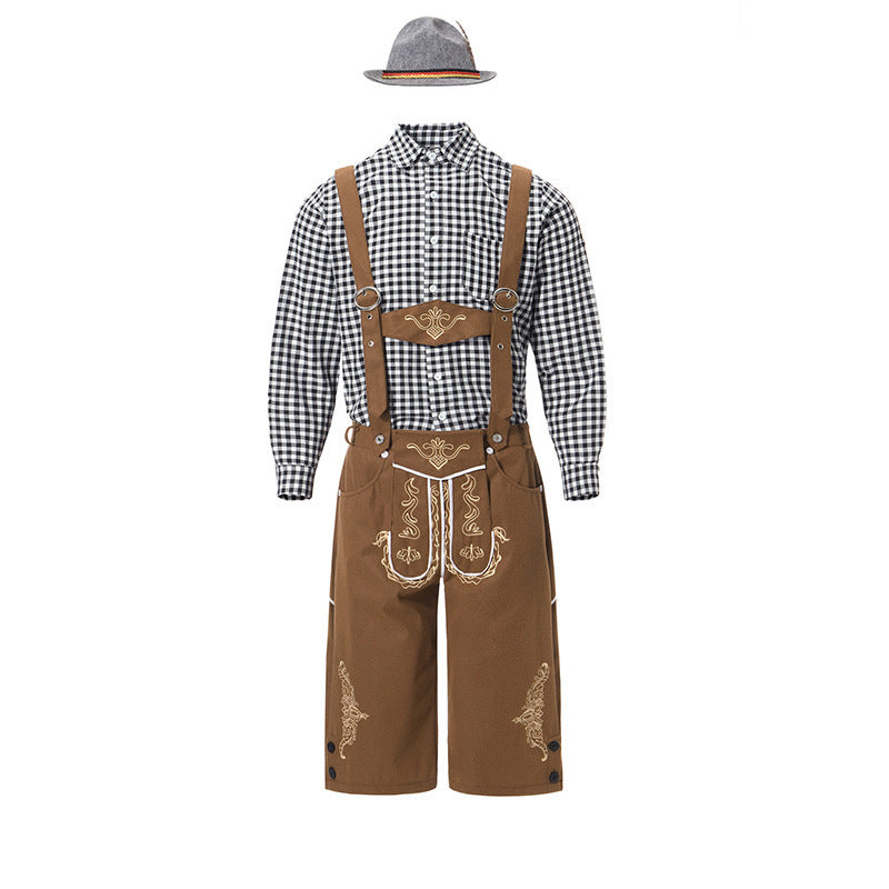 Herren nan traditionelle Trachtenlederhose mit bestickten Hosenträgern, kariertem Trachtenhemd und Filzhut Shop Nory