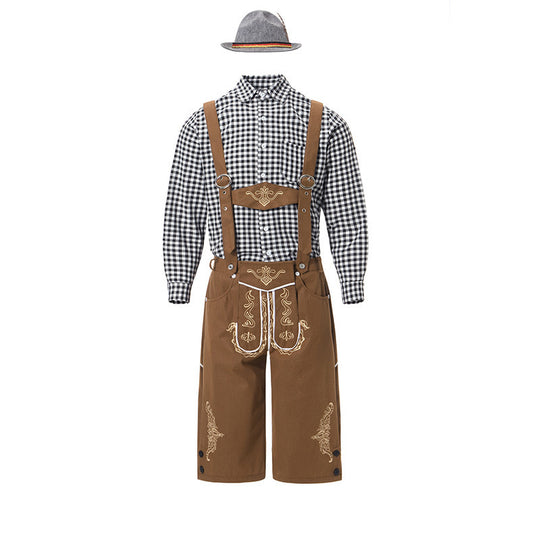 Herren nan traditionelle Trachtenlederhose mit bestickten Hosenträgern, kariertem Trachtenhemd und Filzhut Shop Nory